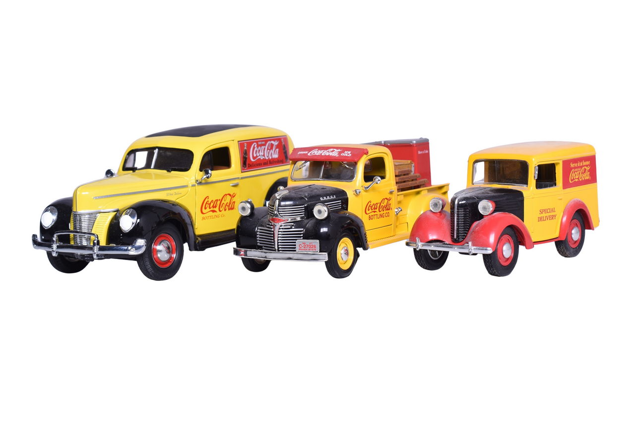 3245 - Three Coca-Cola Die Cast Car Models - Matchbox Ford Sedan, Tirelire Panel Van, ERTL Dodge thumbnail