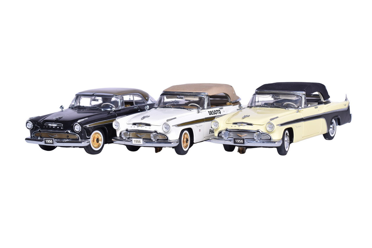 3262 - Three Danbury Mint 1:24 Die Cast 1956 Desoto Models - Adventurer, Fireflite Convertible, Pacesetter Indy 500 Pace Car thumbnail