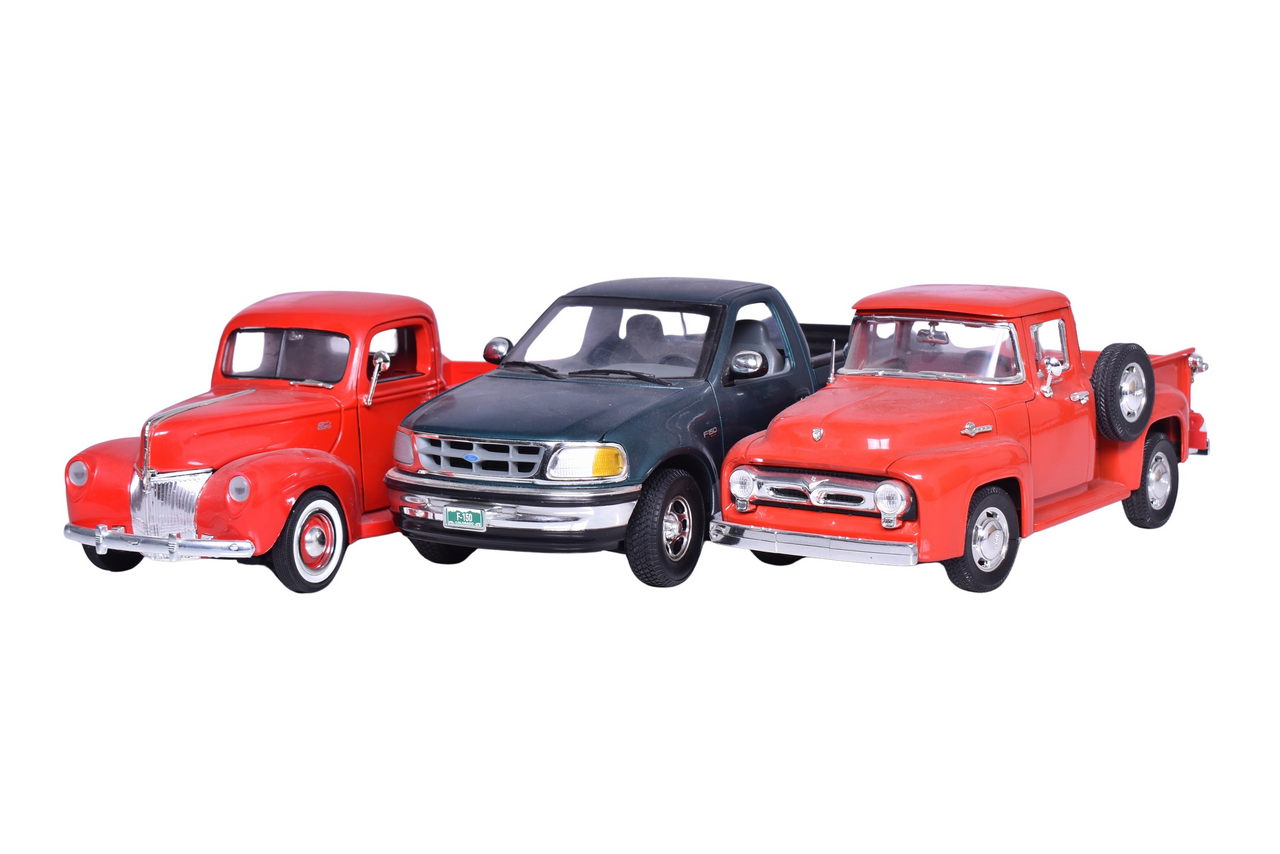 3274 - Three 1:18 Die Cast Ford Pickup Truck Models - Mira 1956 F100, Motor Max 1940, ERTL F150 thumbnail