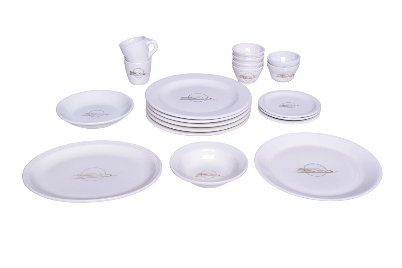 6001 - Twenty-Pieces of Union Pacific Railroad China Winged Streamliner Plates, Oval Platter, Bouillon Cups, Bowls, and More thumbnail