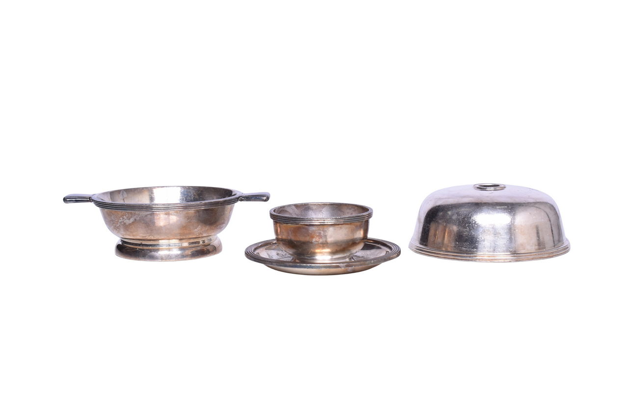 6007 - Three Pieces of Union Pacific Railroad Silver - Hot Food Cover, Soup Bowl, and Finger Bowl w/ Attached Under-liner Tray thumbnail