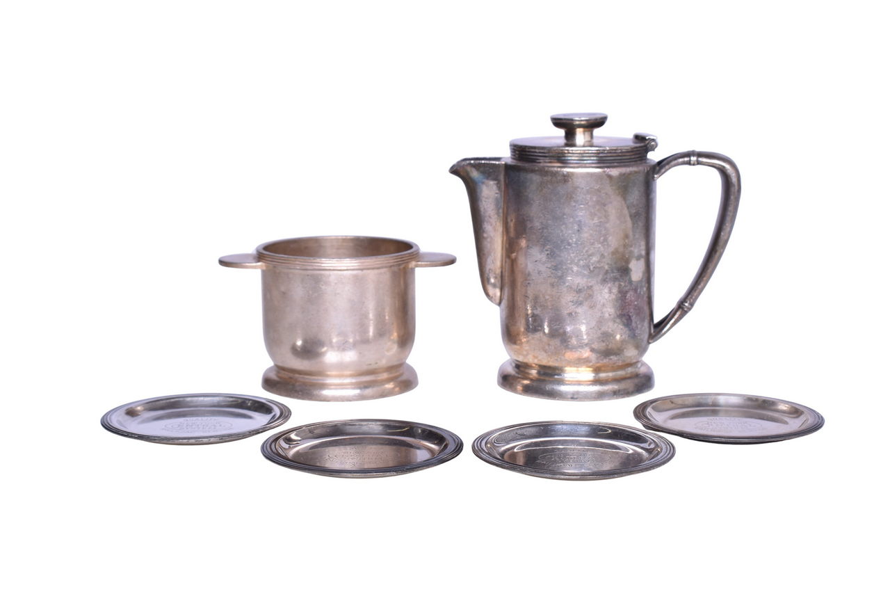 6009 - Group of New York Central Railroad Silver - Teapot, Butter Pats, and Sugar Bowl thumbnail
