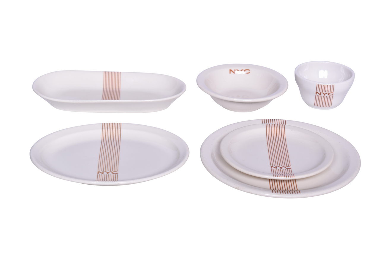 6013 - Six Pieces of New York Central Railroad China Mercury Plates, Celery Tray, Oval Platter, Bowl, and Bouillon Cup thumbnail