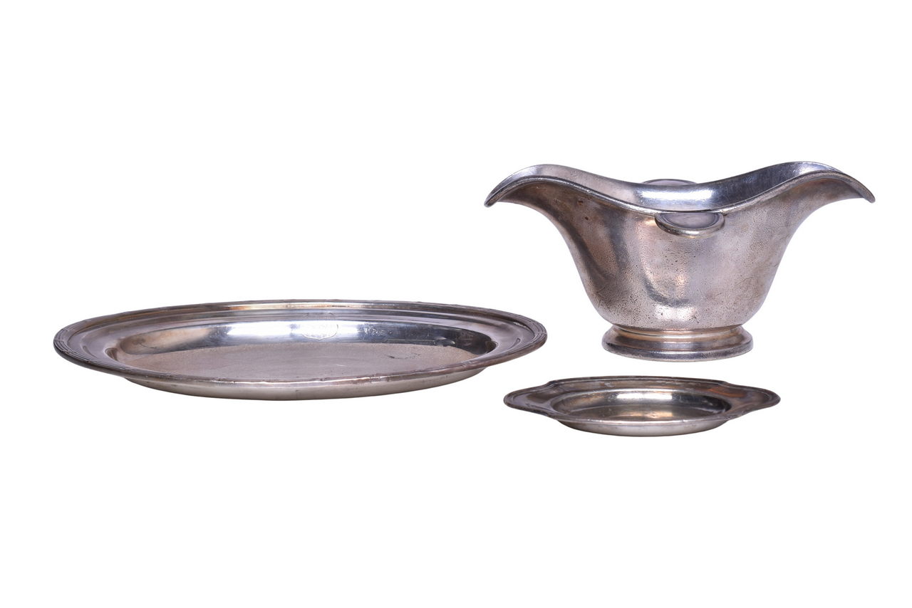 6017 - Three Pieces of Union Pacific Railroad Silver - Overland Route Tray, Butter Pat, and Gravy Boat thumbnail