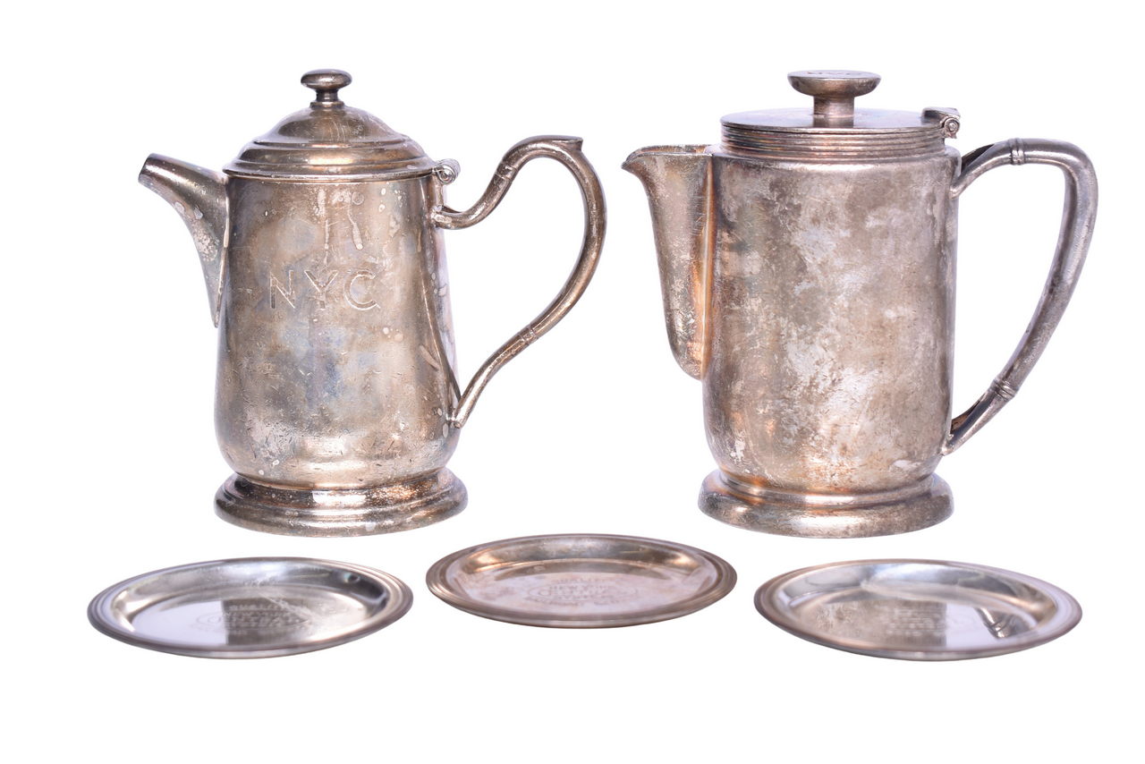 6019 - Five Pieces of New York Central Railroad Silver - Teapot, Coffee Pot, and Butter Pats thumbnail