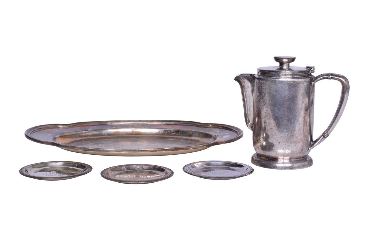 6029 - Five Pieces of New York Central Railroad Silver - Oval Platter Tray, Teapot, and Butter Pats thumbnail