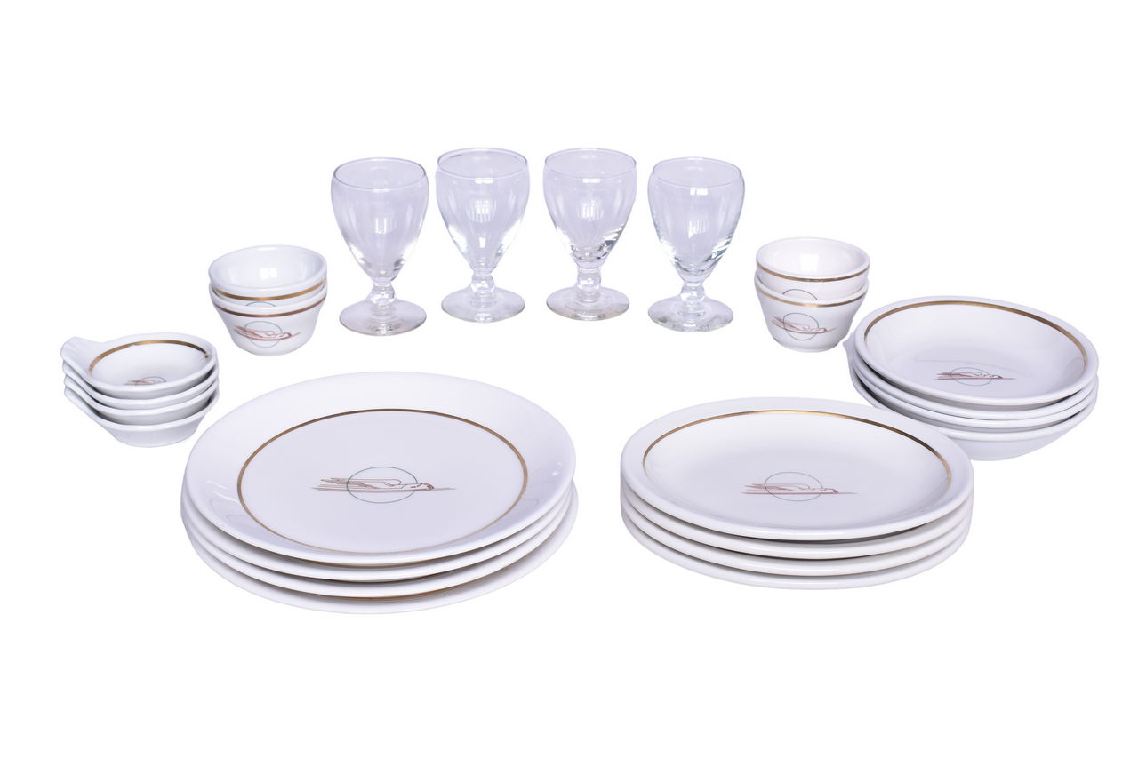 6031 - Twenty-Four Pieces of Union Pacific Railroad China and Glassware - Winged Streamliner Plates, Bowls, Ice Cream Shells, and More thumbnail
