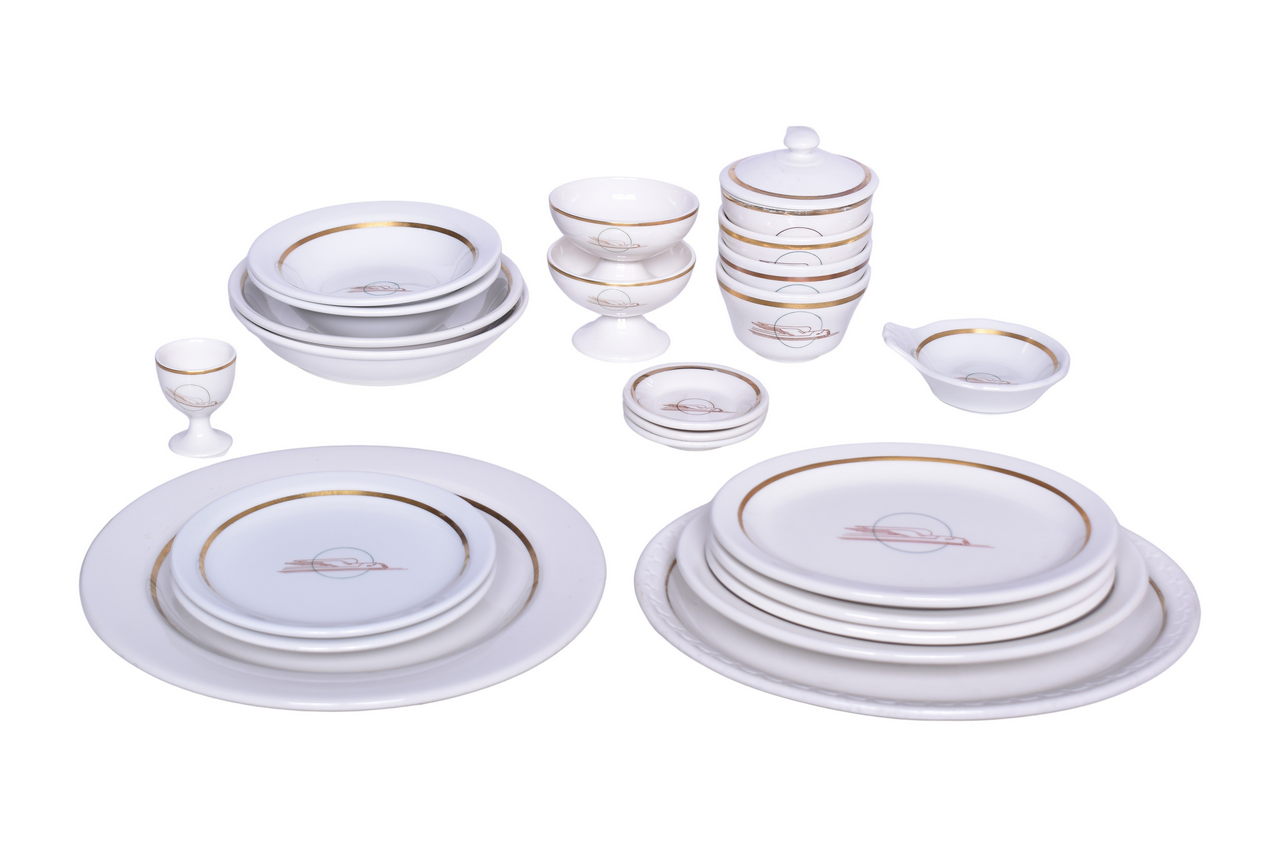 6041 - Twenty-Four Pieces of Union Pacific Railroad China Winged Streamliner Egg Cup, Oval Platter, Bouillon Cups, and More thumbnail