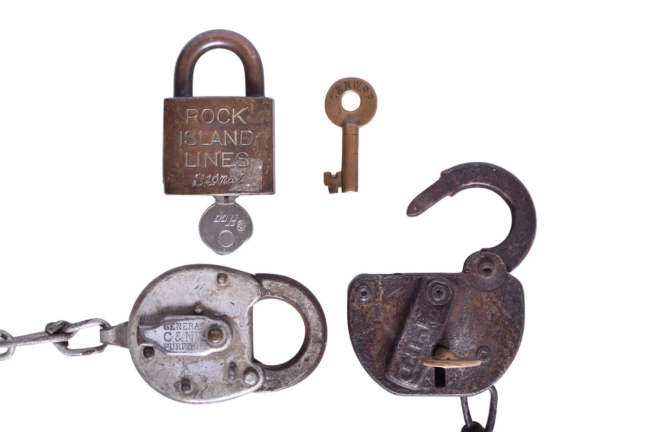 6042 - Trio of Railroad Locks and Keys - Chicago and North Western, Rock Island thumbnail