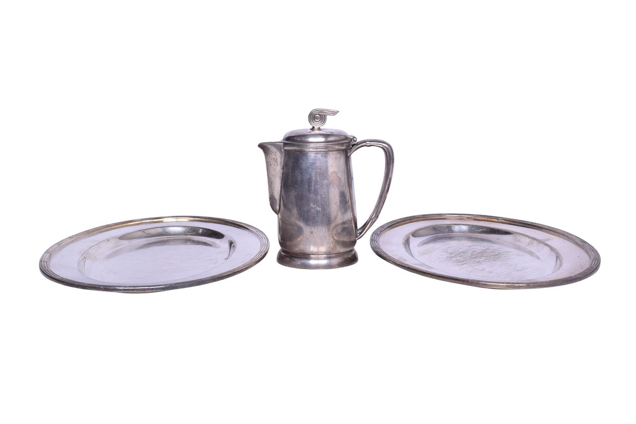 6057 - Three Pieces of Midwest Railroad Dining Car Silver - Rock Island Platters and Milwaukee Road Coffee Pot thumbnail