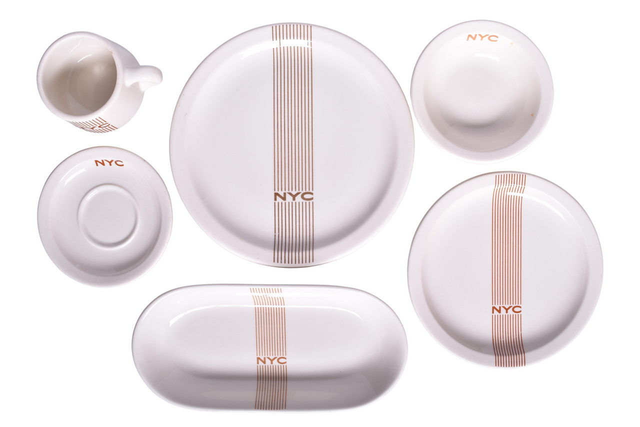 6059 - Six Pieces of New York Central Railroad China Mercury Cup, Saucer, Vegetable Tray, Plates, and Bowl thumbnail