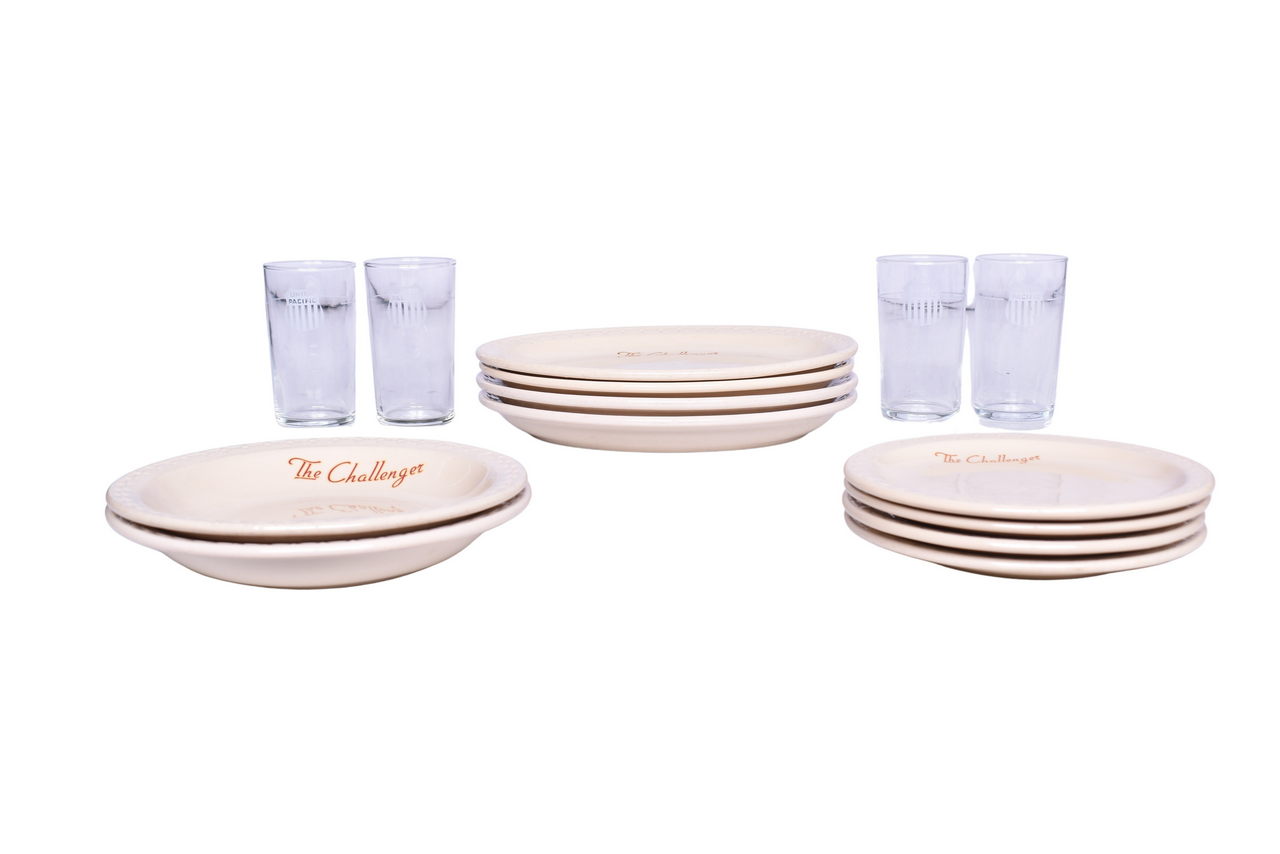 6065 - Fourteen Pieces of Union Pacific Railroad China and Glassware - The Challenger Oval Platters, Soup Plates, and Bread Plates thumbnail