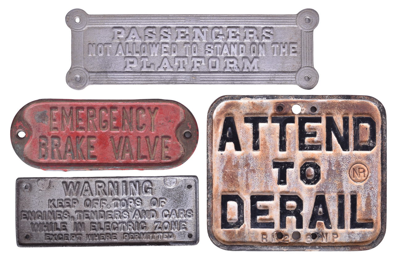 6080 - Cast Iron Attend To Derail, Cast Brass Emergency Brake Valve and Two More Railroad Signs thumbnail