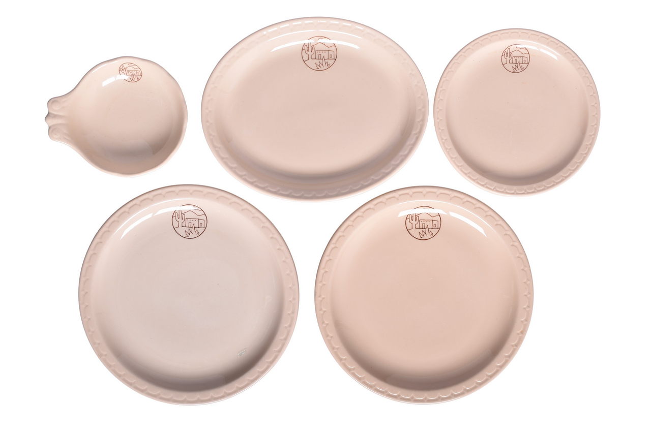 6083 - Five Pieces of Santa Fe Railroad China Adobe Ice Cream Shell, Oval Platter, and Plates thumbnail