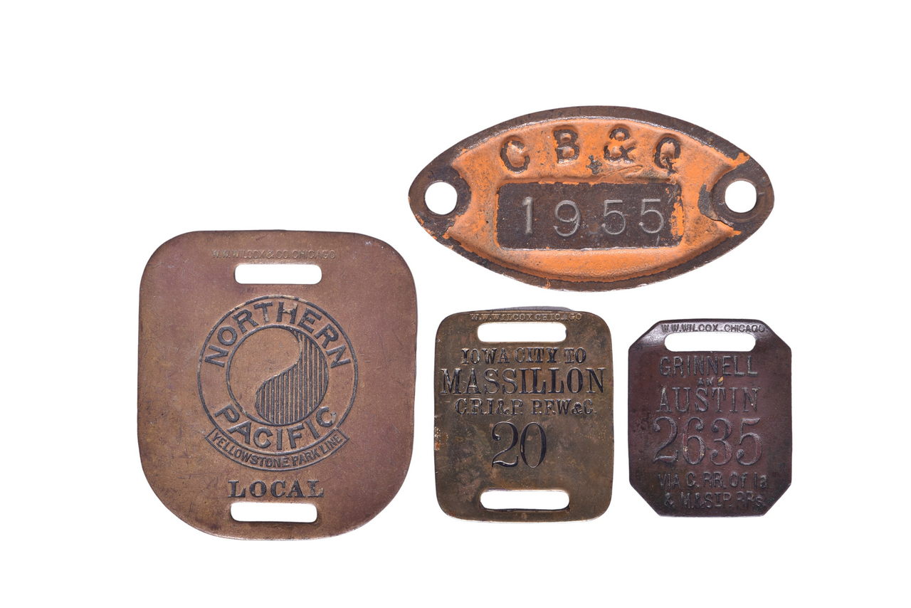 6084 - Trio of Railroad Luggage Tags and A Baggage Cart ID Tag - Central Railroad of Iowa thumbnail