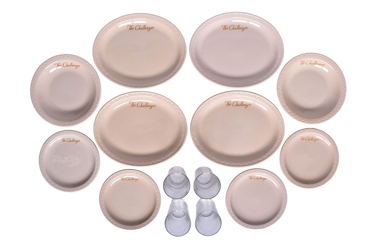 6085 - Fourteen Pieces of Union Pacific Railroad China and Glassware - The Challenger Oval Platters, Soup Plates, and Bread Plates thumbnail
