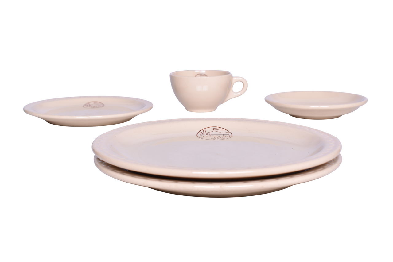 6103 - Five Pieces of Santa Fe Railroad China Adobe Bread Plate, Cup, Saucer, and Dinner Plates thumbnail