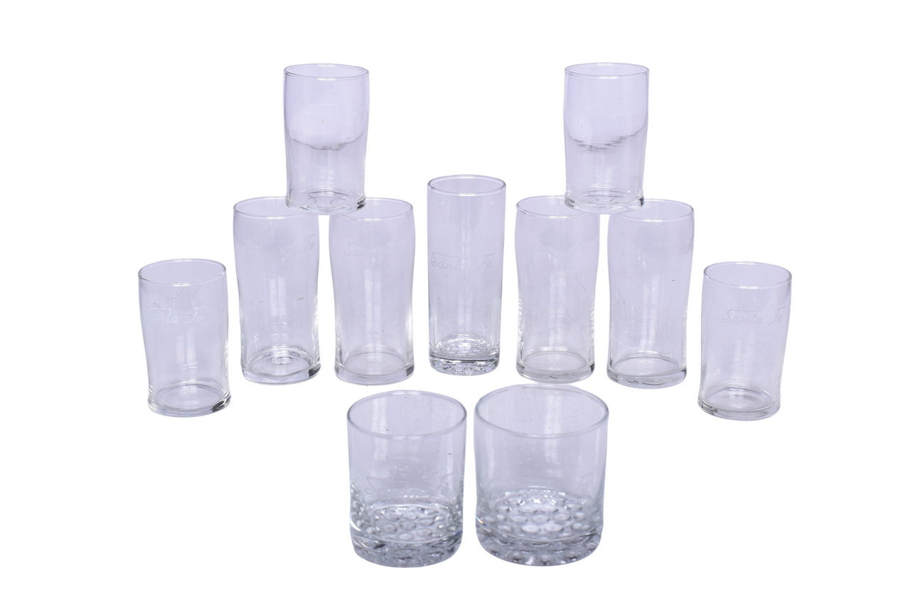 6111 - Eleven Pieces of Santa Fe Railroad Glassware - Water Glasses, Juice Glasses, Rocks Glasses, Etc. thumbnail