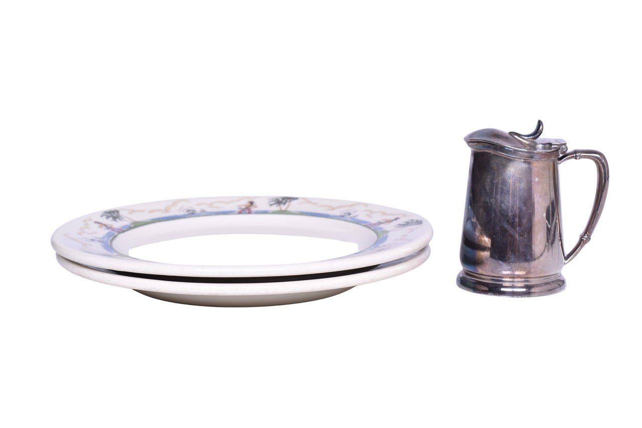 6117 - Three Illinois Central Railroad Dining Car Items - Pirate China Dinner Plates and International Silver Creamer thumbnail