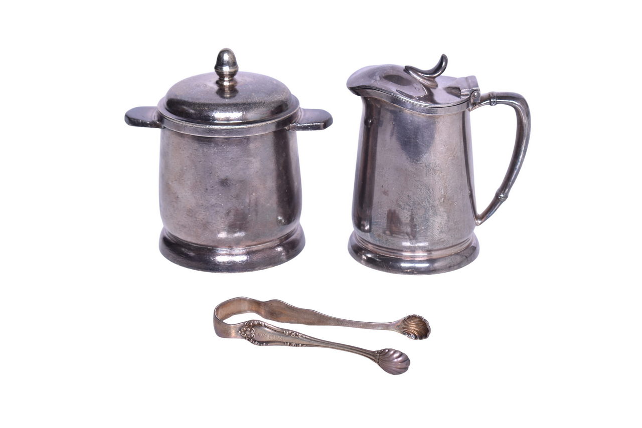 6131 - Three Pieces of Railroad Dining Car Silver - Southern Sugar Tongs, Illinois Central Sugar Bowl and Creamer thumbnail