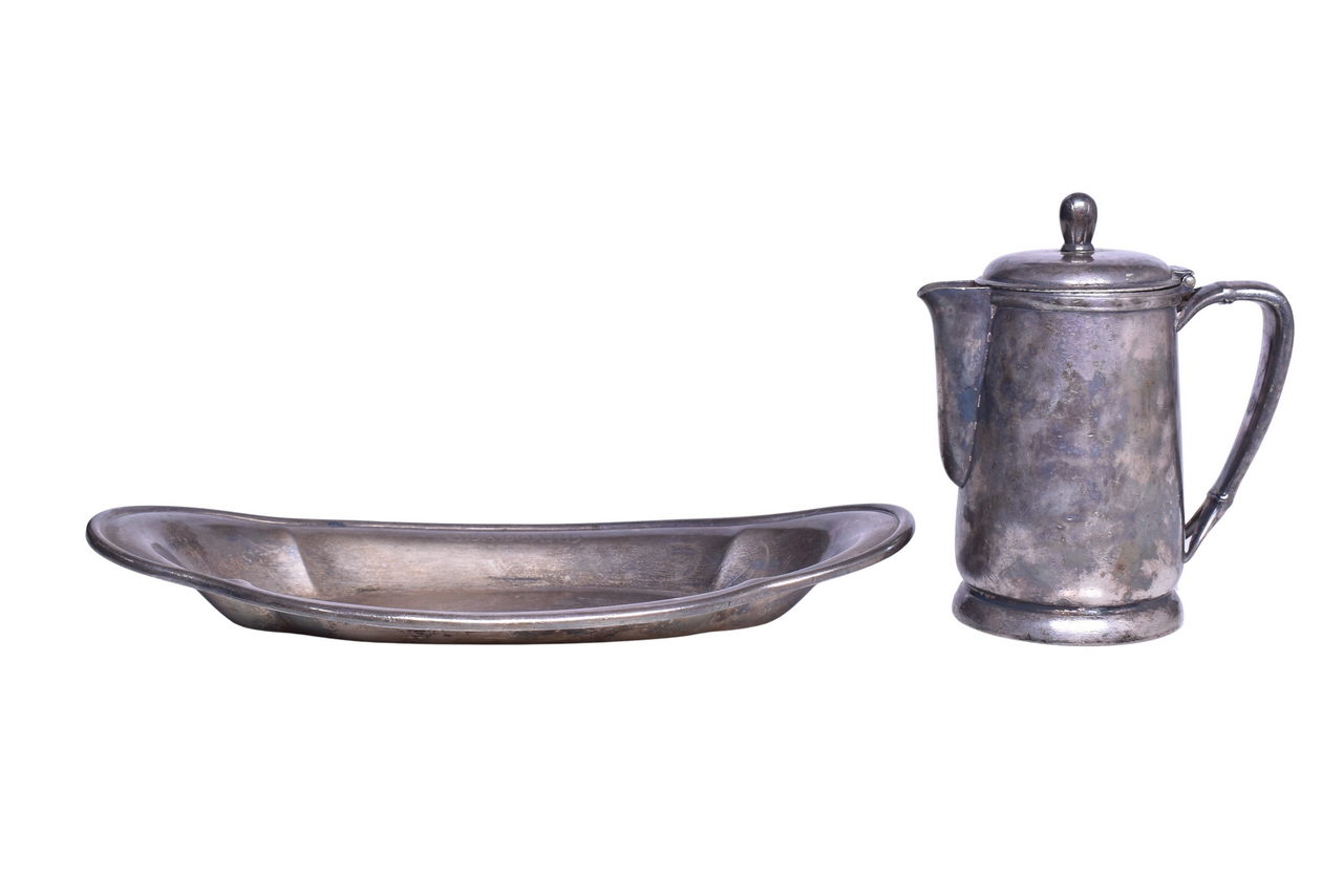 6139 - Two Pieces of Railroad Dining Car Silver - Seaboard Oval Bread Tray and Chicago & North Western Coffee Pot thumbnail