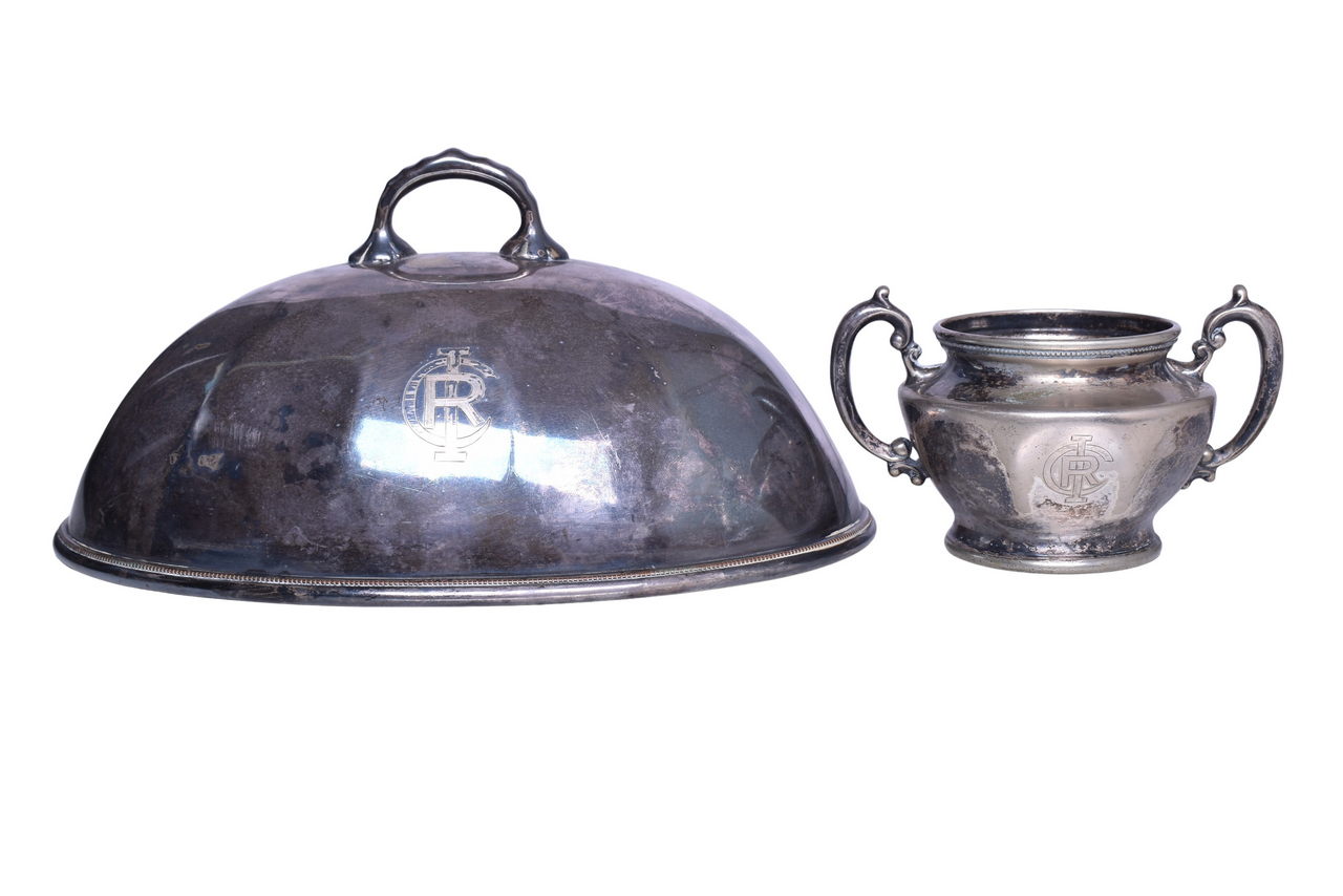 6149 - Pair of Illinois Central Railroad Dining Car Silver Items - Hot Food Cover and Sugar Bowl thumbnail