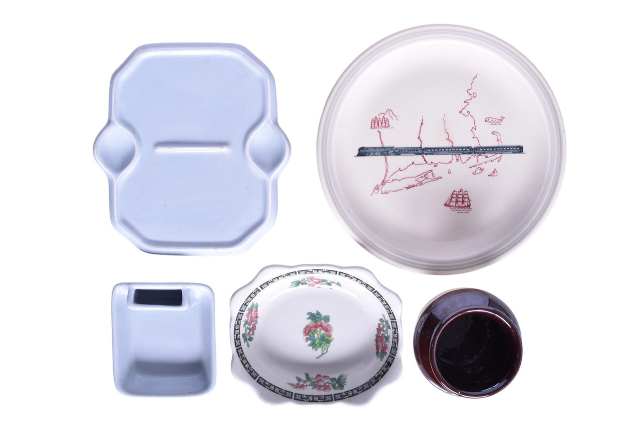 6167 - Five Pieces of New York, New Haven, & Hartford Railroad China - Beantown Pot, Merchants Plate, Platinum Blue, and Indian Tree thumbnail