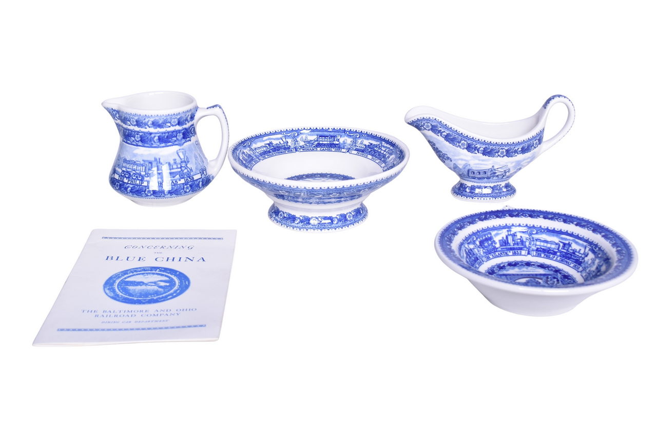 6181 - Four Pieces of Baltimore and Ohio Railroad China Centenary Pedestal Compote, Cream Pitcher, Sauce Boat, and Bowl thumbnail
