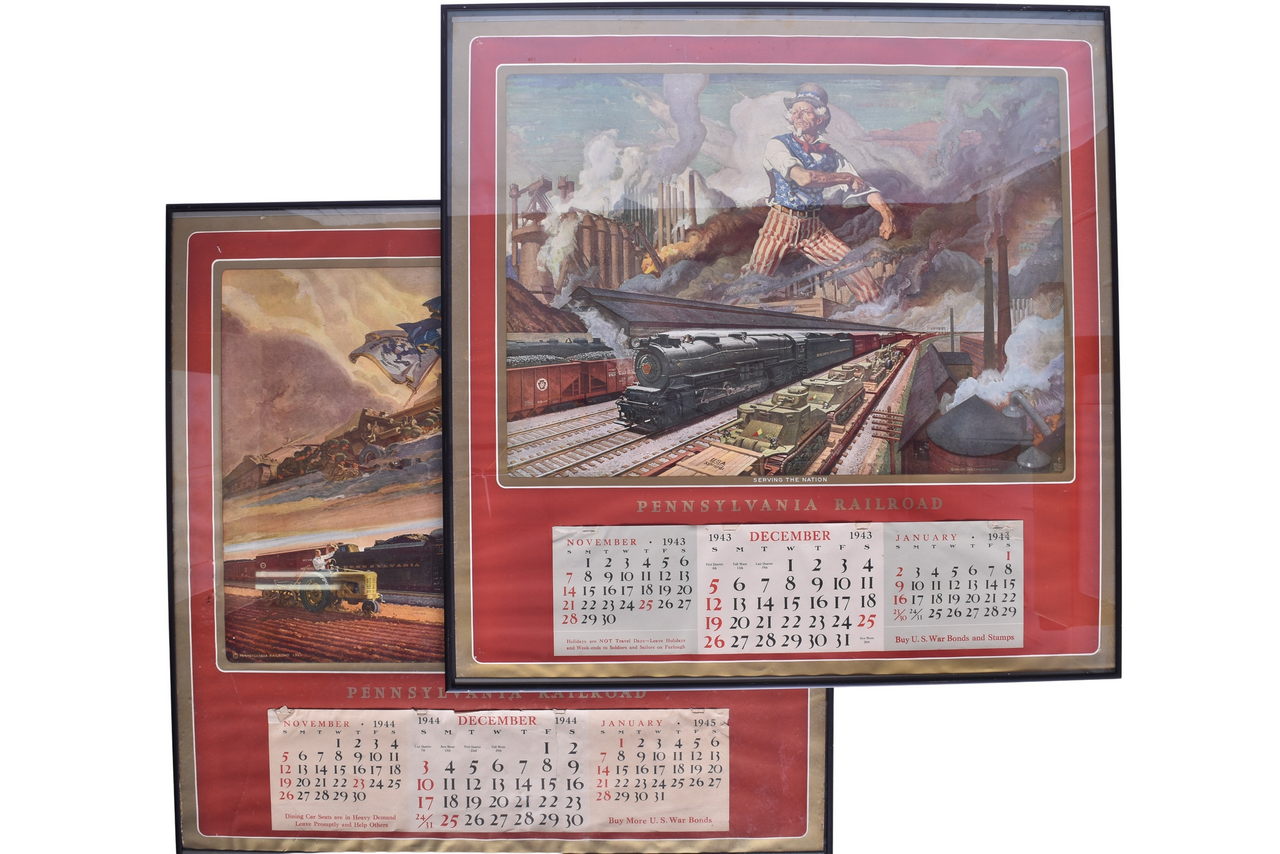6218 - Pair of WWII Era Pennsylvania Railroad Wall Calendars - 1943 Serving The Nation and 1944 Forward thumbnail