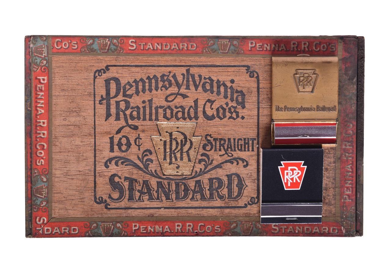6233 - Pennsylvania Railroad Brass Matchbook Holder, Wooden Cigar Box, and Matches thumbnail
