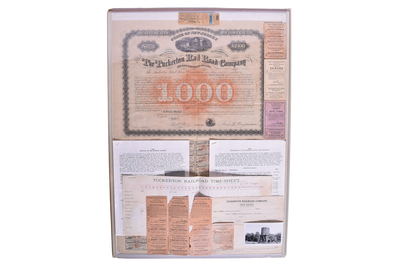 6277 - Collection of Tuckerton Railroad Tickets, 1873 Bond Certificate, Employee Paper, and Water Tank Photograph thumbnail