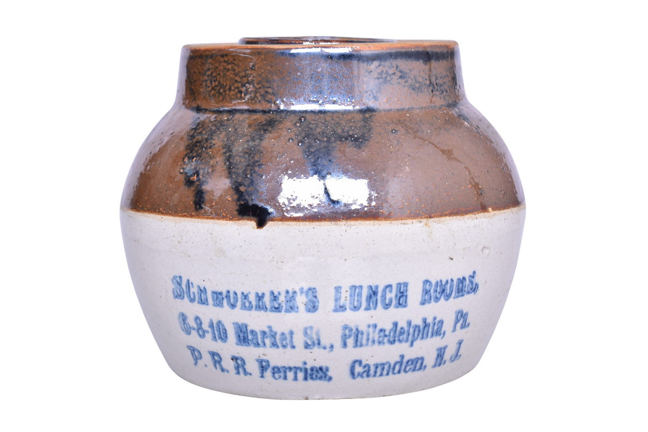 6302 - Pennsylvania Railroad Ferries Stoneware Bean Crock Pot Advertising Schwoerer's Lunch Rooms Philadelphia thumbnail