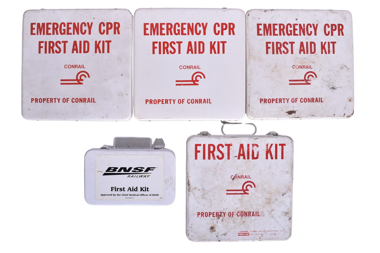 6310 - Five Metal Railroad First Aid Kits - Conrail and Burlington Northern Santa Fe thumbnail