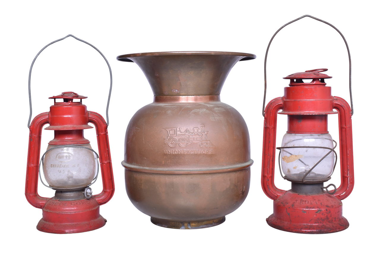 6318 - Pair of Barn Lanterns and Fake Brass Union Pacific Spittoon / Cuspidor thumbnail