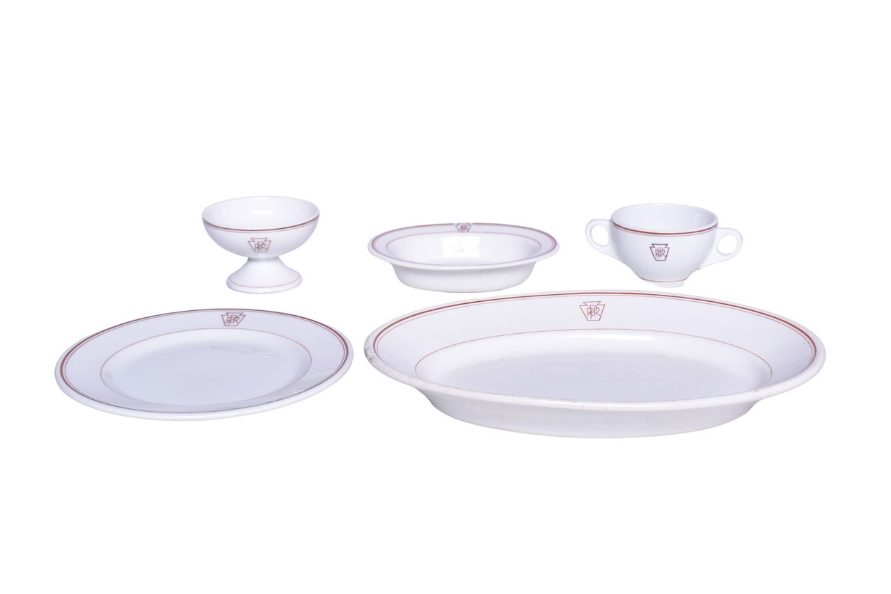 6403 - Five Pieces of Pennsylvania Railroad Keystone China Oval Platter, Ice Cream Cup, Bouillon Cup, Bakers Dish, and Plate thumbnail