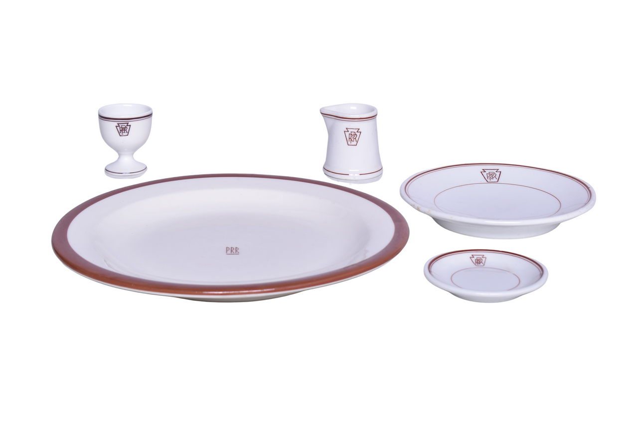 6405 - Five Pieces of Pennsylvania Railroad Keystone China Egg Cup, Creamer, Butter Pat, and Gotham Service Plate thumbnail