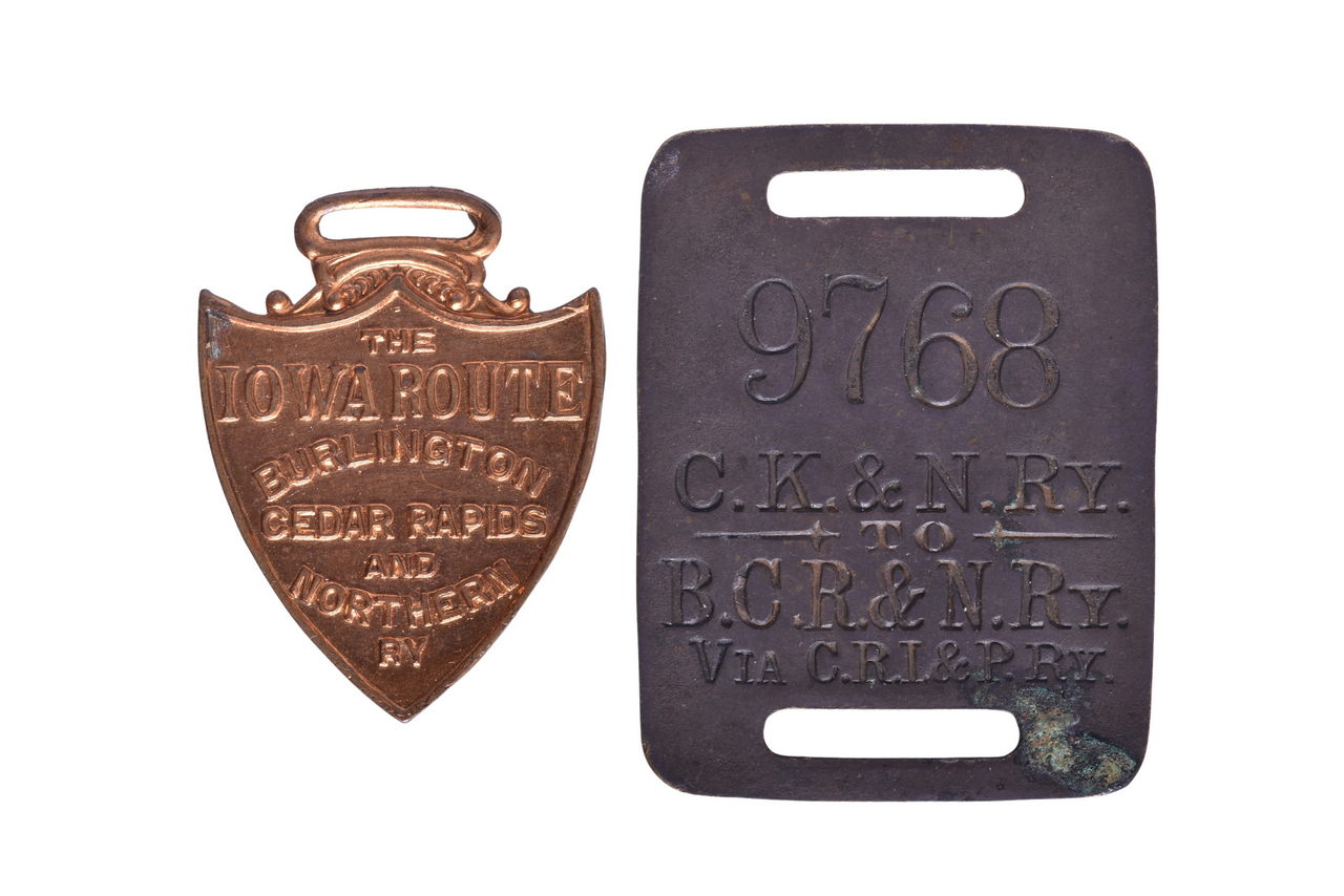 6408 - Pair of Burlington Cedar Rapids and Northern Railway Railroad Luggage Tags thumbnail