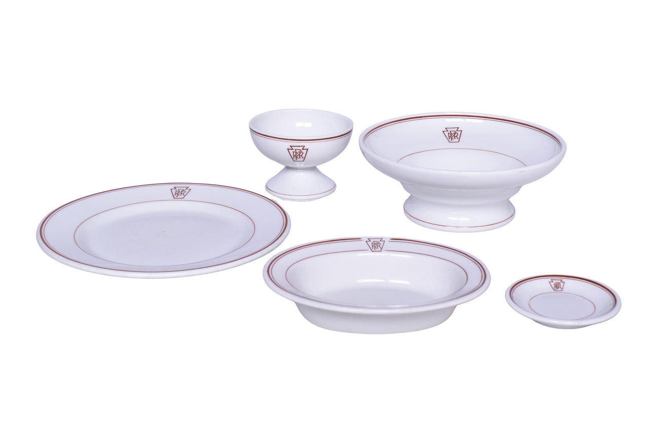 6419 - Five Pieces of Pennsylvania Railroad Keystone China Pedestal Compote Bowl, Ice Cream Cup, Plate, Oval Bakers Dish, Butter Pat thumbnail