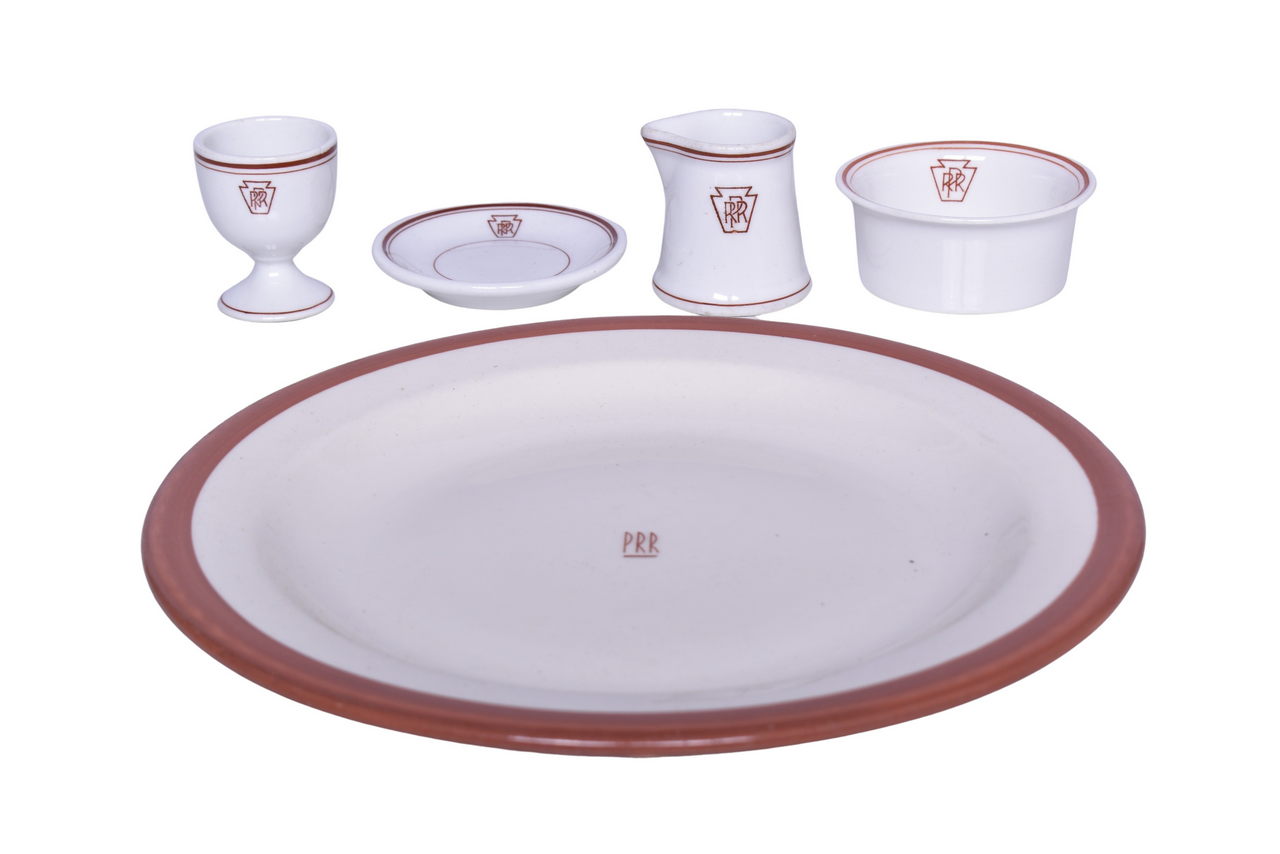 6421 - Five Pieces of Pennsylvania Railroad China Keystone Egg Cup, Ramekin, Creamer, Butter Pat, and Gotham Dinner Plate thumbnail