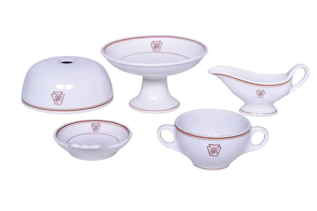 6423 - Five Pieces of Pennsylvania Railroad China Keystone Hot Food Cover, Pedestal Compote, Sauce Boat, and More thumbnail
