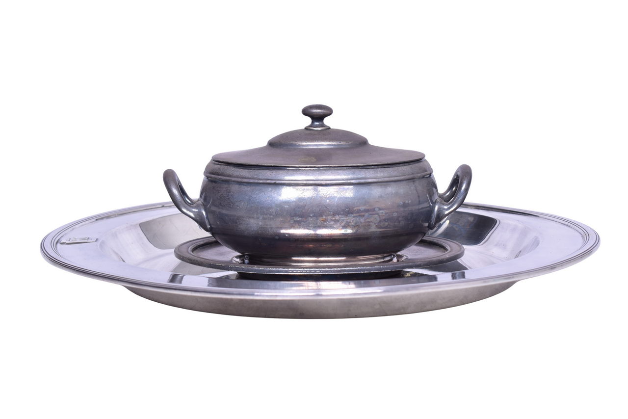 6451 - Three Pieces of Pennsylvania Railroad Dining Car Silver - Large Keystone Platter Plate, Tureen, Under-Liner Tray thumbnail