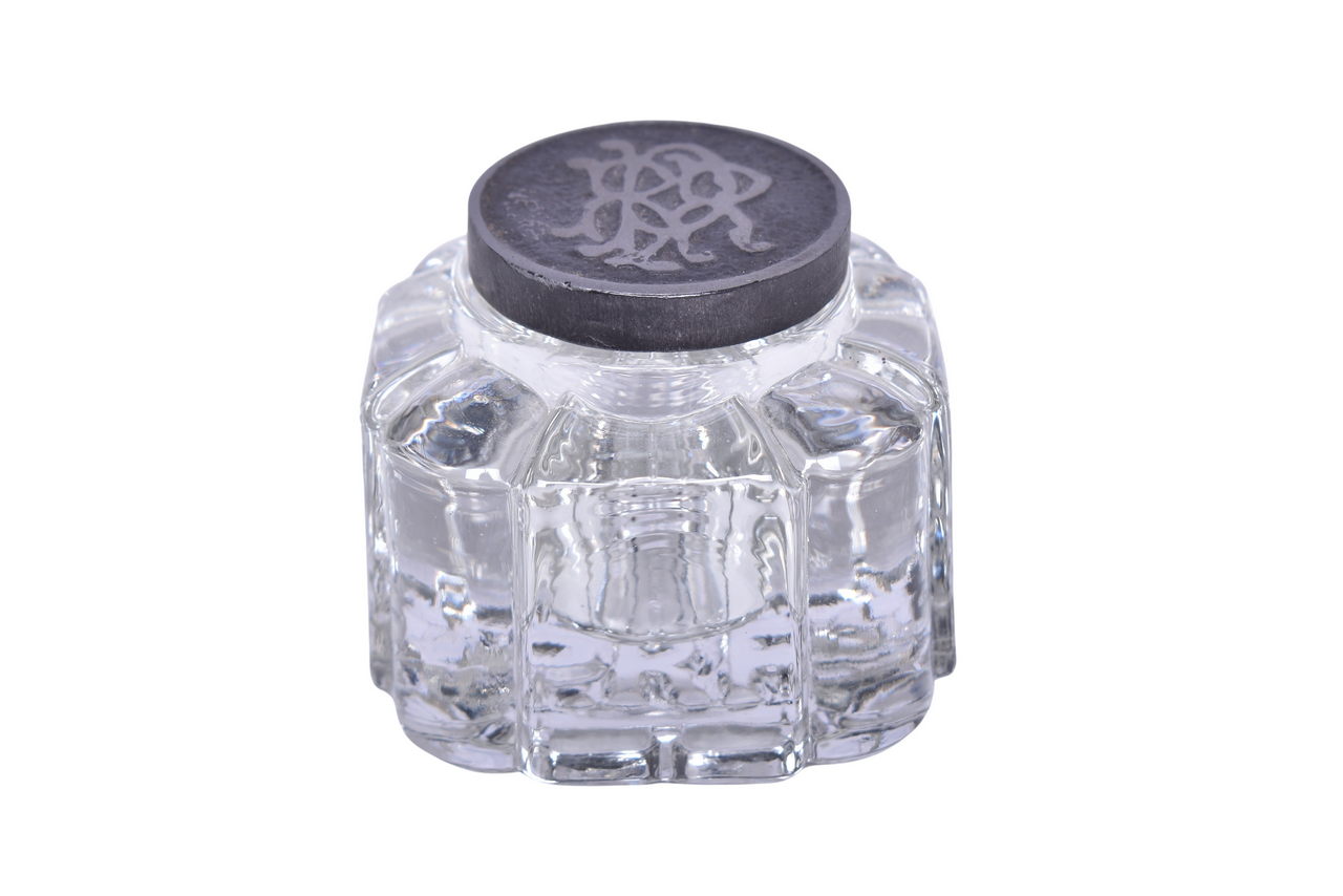 6459 - Pennsylvania Railroad Cast Glass Desk Ink Well w/ Embossed PRR Lid - Double Marked thumbnail