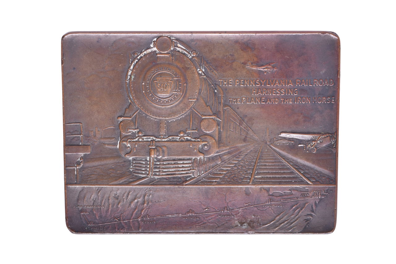6461 - Pennsylvania Railroad Commemorative Brass Medal Paperweight - Inauguration of Rail-Air Passenger thumbnail