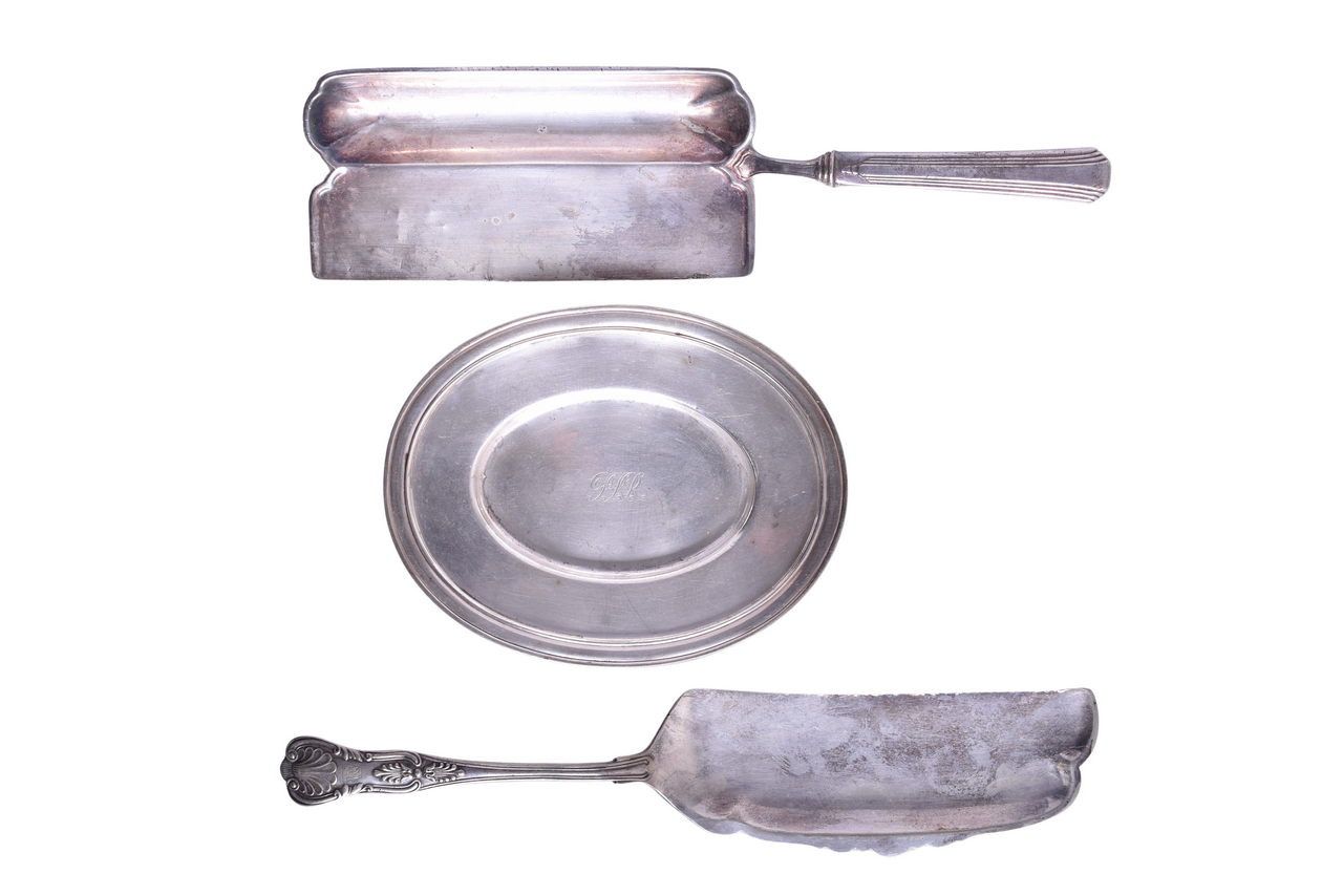 6643 - Three Pennsylvania Railroad Dining Car Silver Items - Crumb Trays and Oval Tip Tray thumbnail