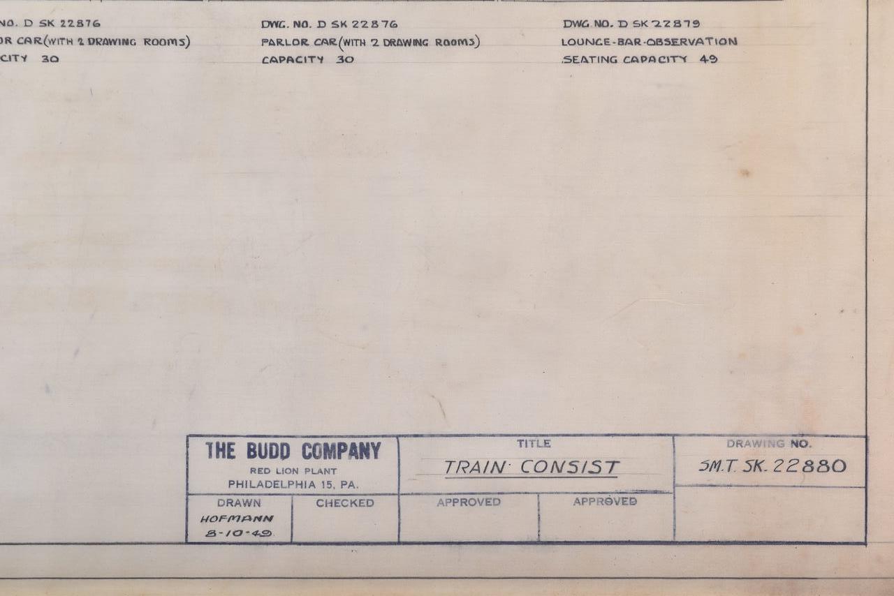 6650F - Original 1949 Budd Company Pennsylvania Railroad Train Consist Drawing - Congressional and Broadway Limited thumbnail