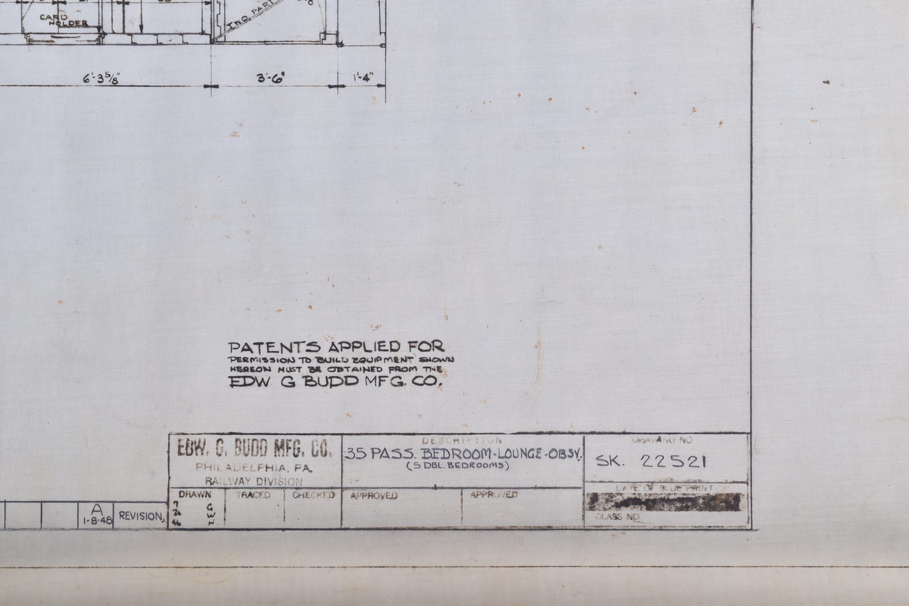 6650R - Original 1948 Budd Company Drawing for 35 Passenger Bedroom Lounge Observation Car Floor Plan thumbnail