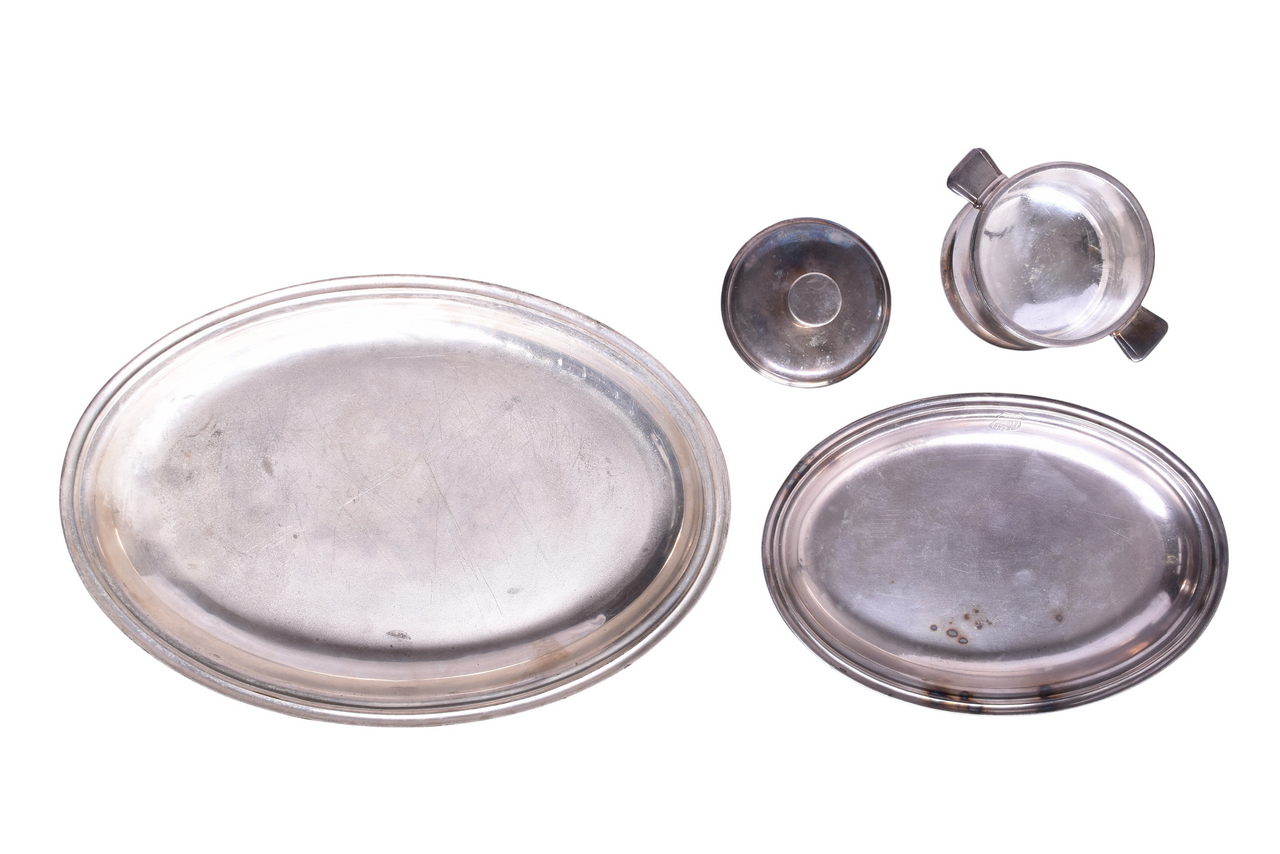 6657 - Three Pieces of Union Pacific Railroad Silver - Overland Route Trays and Sugar Bowl w/ Lid thumbnail