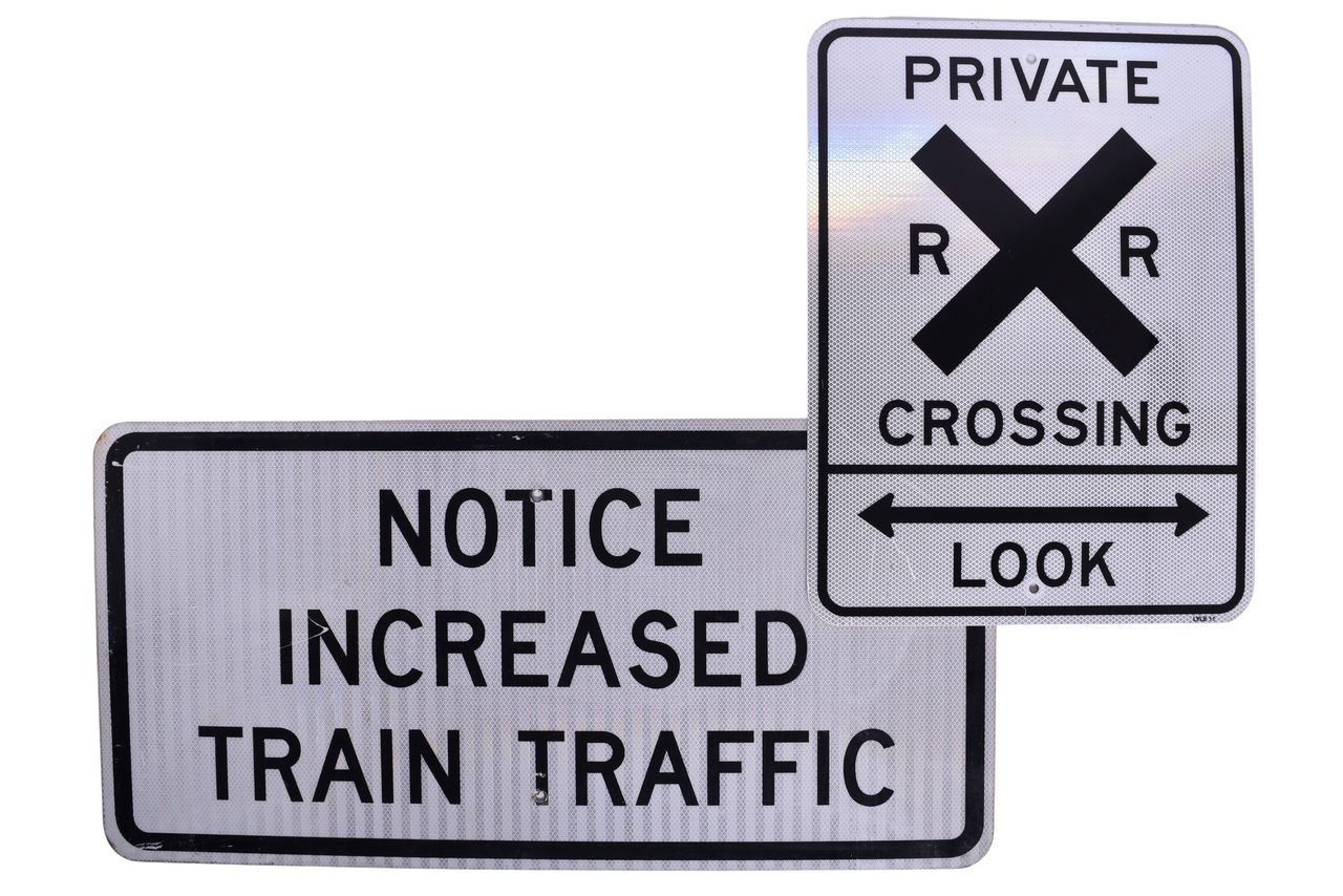 6684 - Pair of Aluminum Railroad Signs - Notice Increased Train Traffic and Private Railroad Crossing thumbnail
