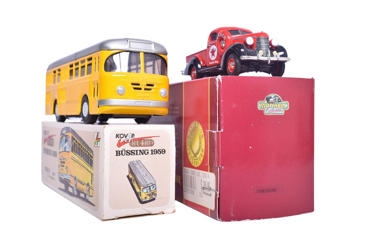 7294 - Pair of 1:43 Models - Matchbox Colllectors 1938 Studebaker Pickup and Kovap Retro 1959 Bussing thumbnail