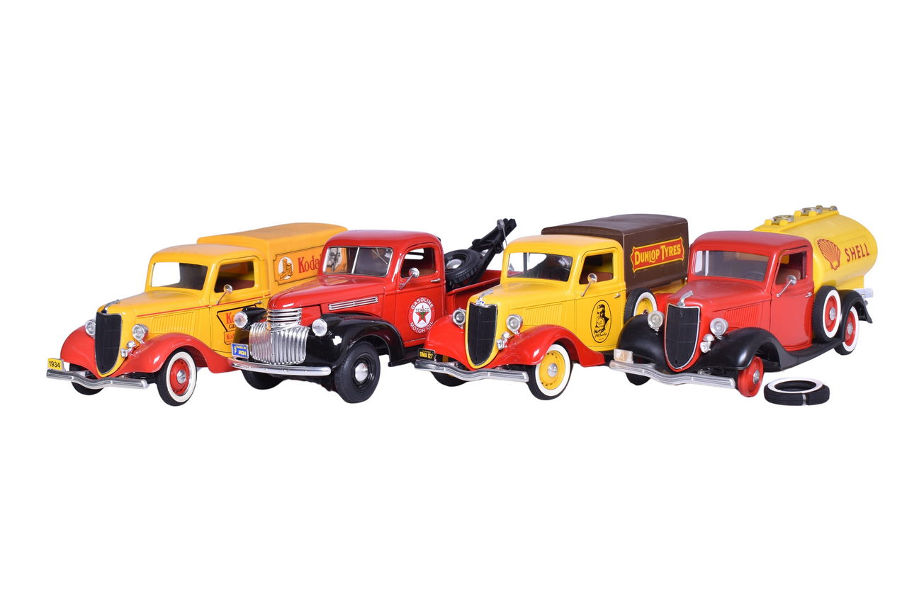 7313 - Four Solido 1:19 Die Cast Ford V8 Advertising Models - Kodak, Shell, Dunlop Tyres, Texaco thumbnail